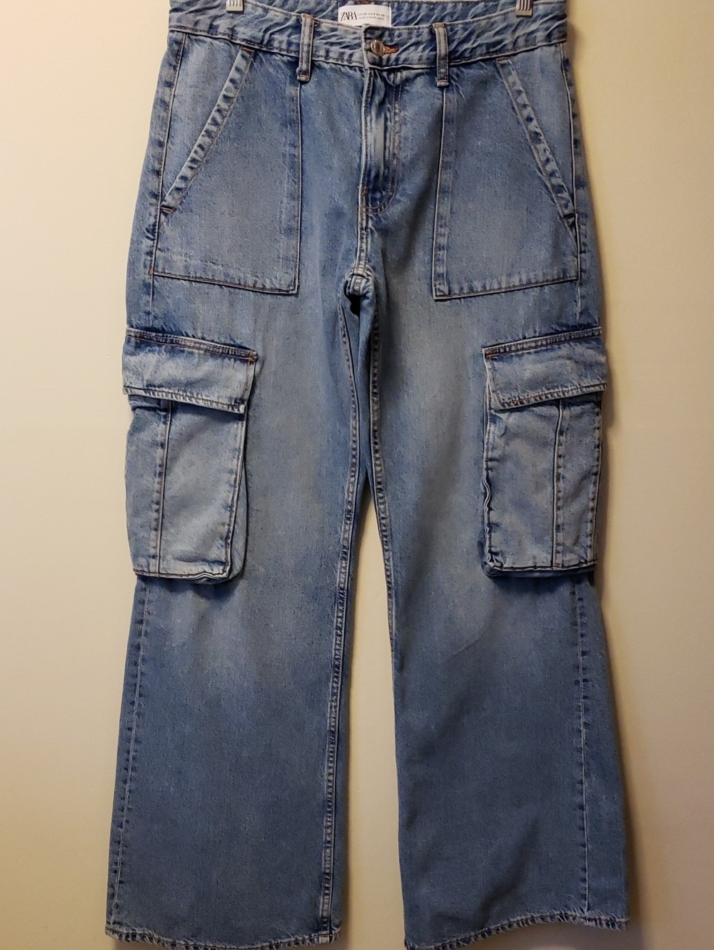 Zara Light Blue Wide Leg Cargo Jeans